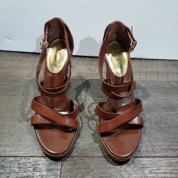 Lauren Ralph Lauren Leather Strappy Sandles Cloth Heel - Picture 11 of 12
